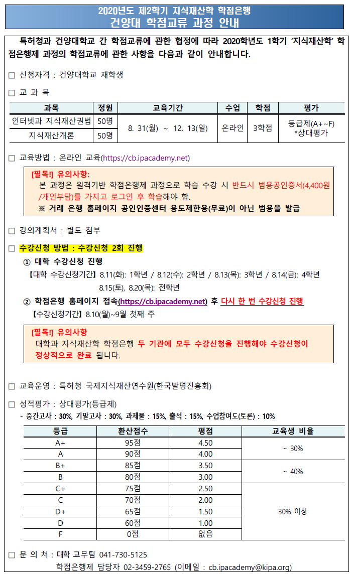 2020-2학기 지식재산학 학점은행 건양대 학점교류 과정 안내에 대한 이미지 입니다. 자세한 내용은 하단에 있습니다.